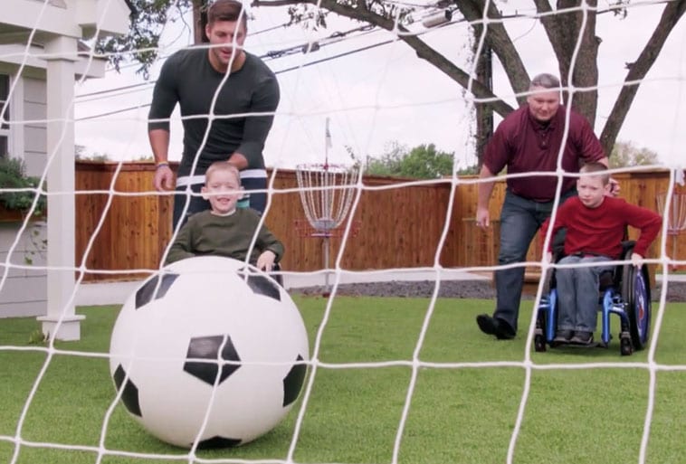 Copp Family and Tim Tebow from Episode of Fixer Upper playing on Playground Grass