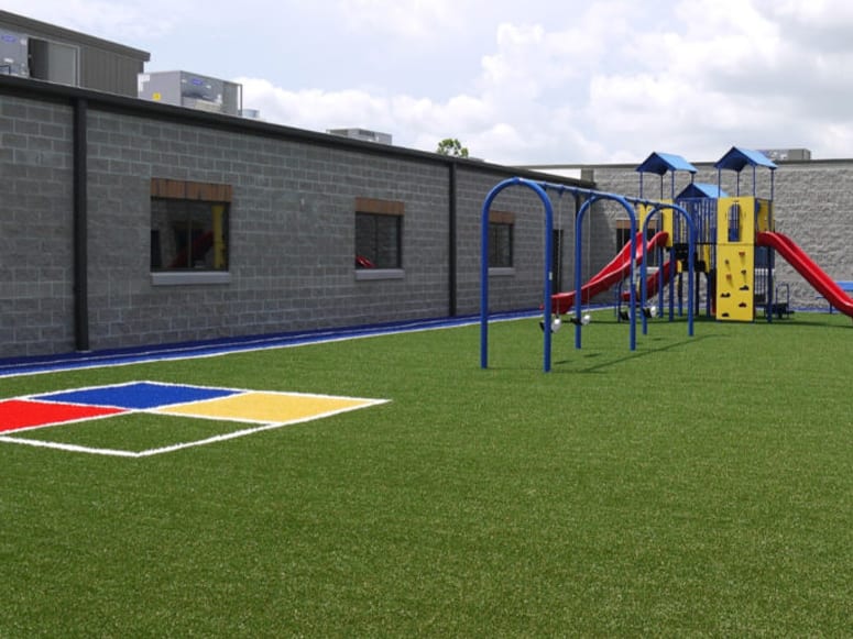 Blackhawk Christian School playground with four square court designed into Playground Grass® Academy installed by ForeverLawn of Ohio